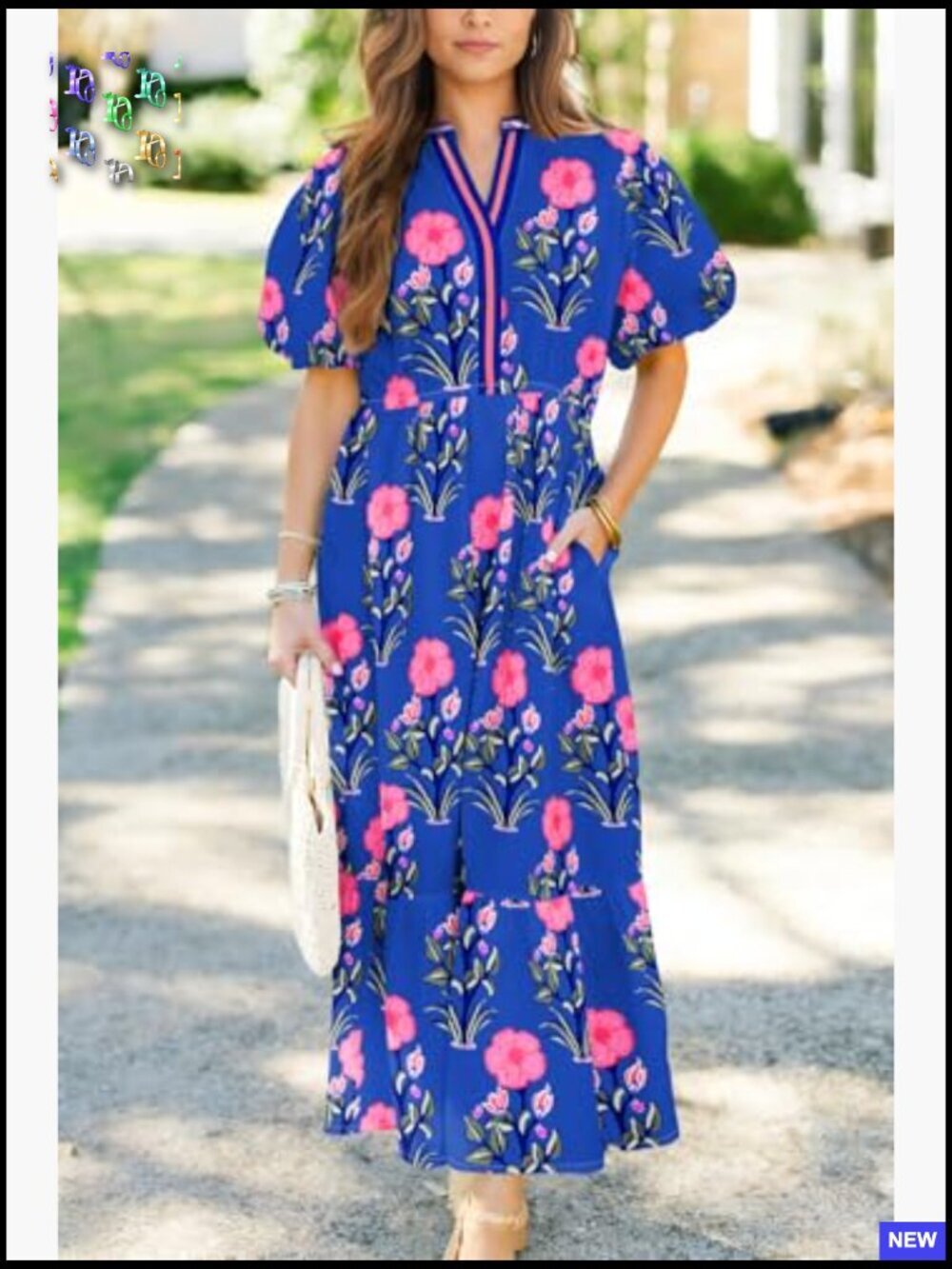 Puff Sleeve V Neck Maxi Dress Flowy High Waist Elegant Summer Casual Chic - Picture 5 of 5